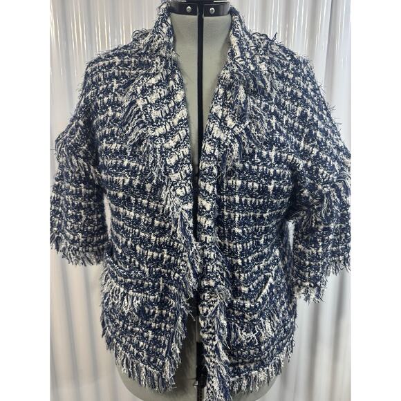 St. John Coture Navy Boucle Fringe Jacket USA Quiet Luxury Power Dress Size L - Picture 1 of 8